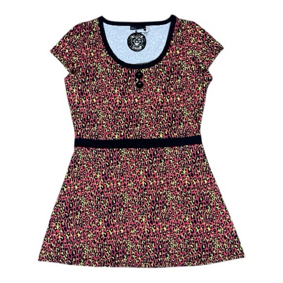 Sourpuss NWT Black Neon Pink Yellow Animal Print Cap Sleeve Mini Dress 3XL - Picture 2 of 9